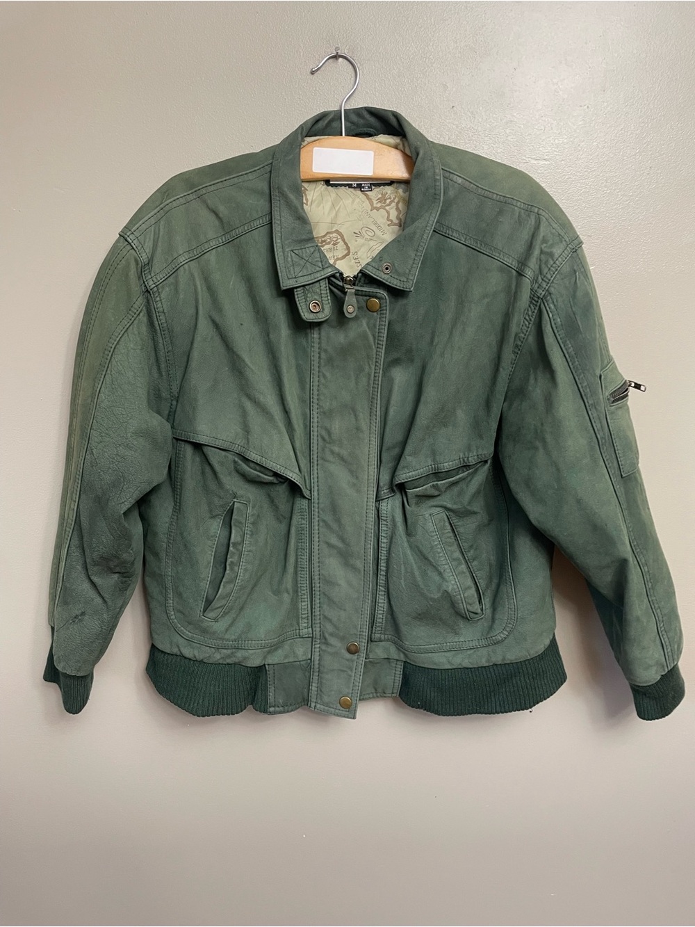 Charles Klein Leather Bomber Jacket Green Men's Sz Medium aviatior Gorpcore